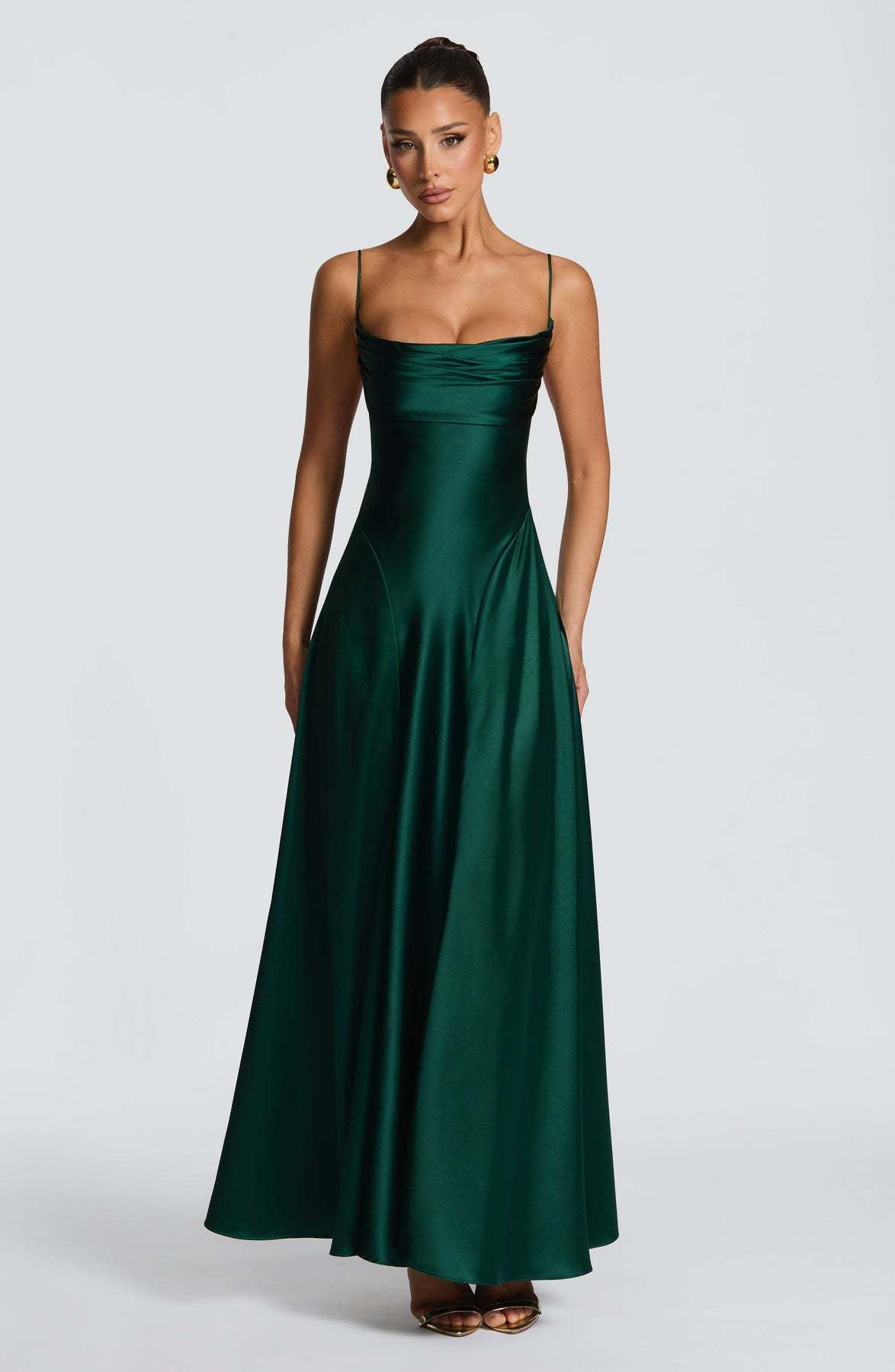 Mireille — Robe longue satinée à col bénitier — Amielle Paris