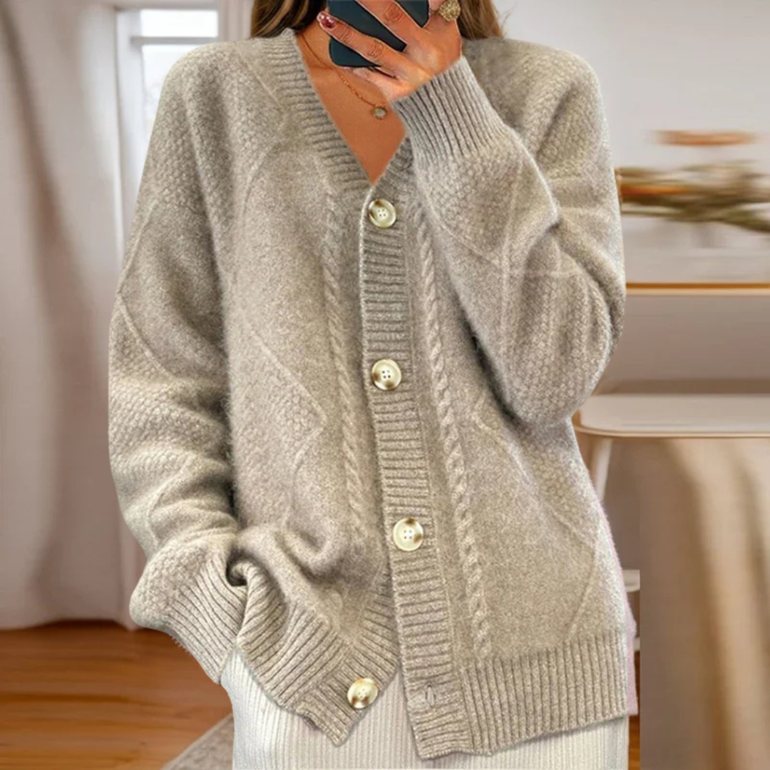 Tara — Cardigan torsadé boutonné à col montant — Amielle Paris