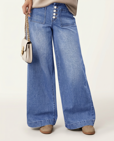 Jean large taille haute à boutons