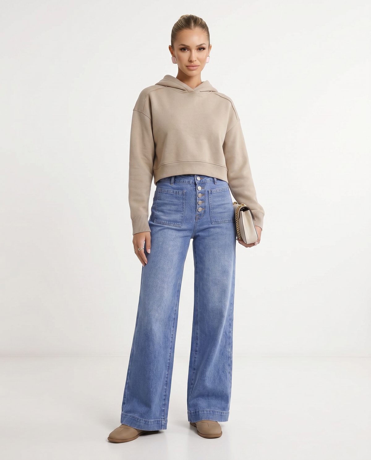 Jean large taille haute à boutons — Amielle Paris