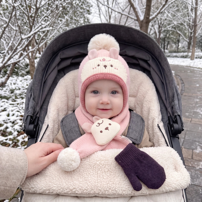 Ensemble bonnet bébé à pompon et écharpe animal — vue 1