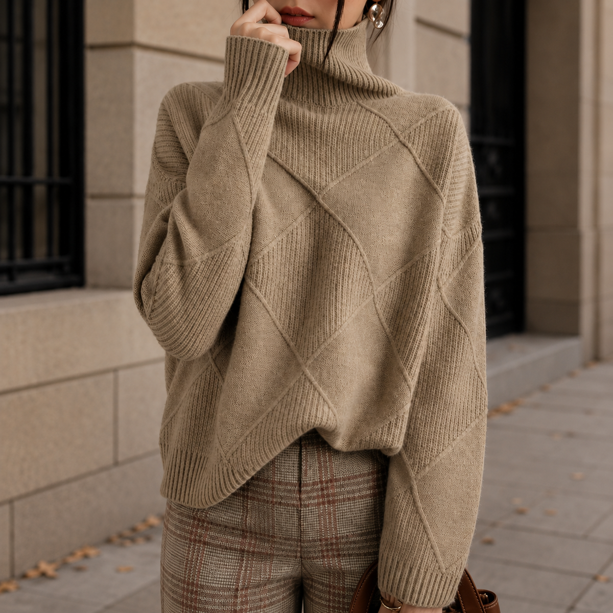 Pull à col roulé en maille losanges