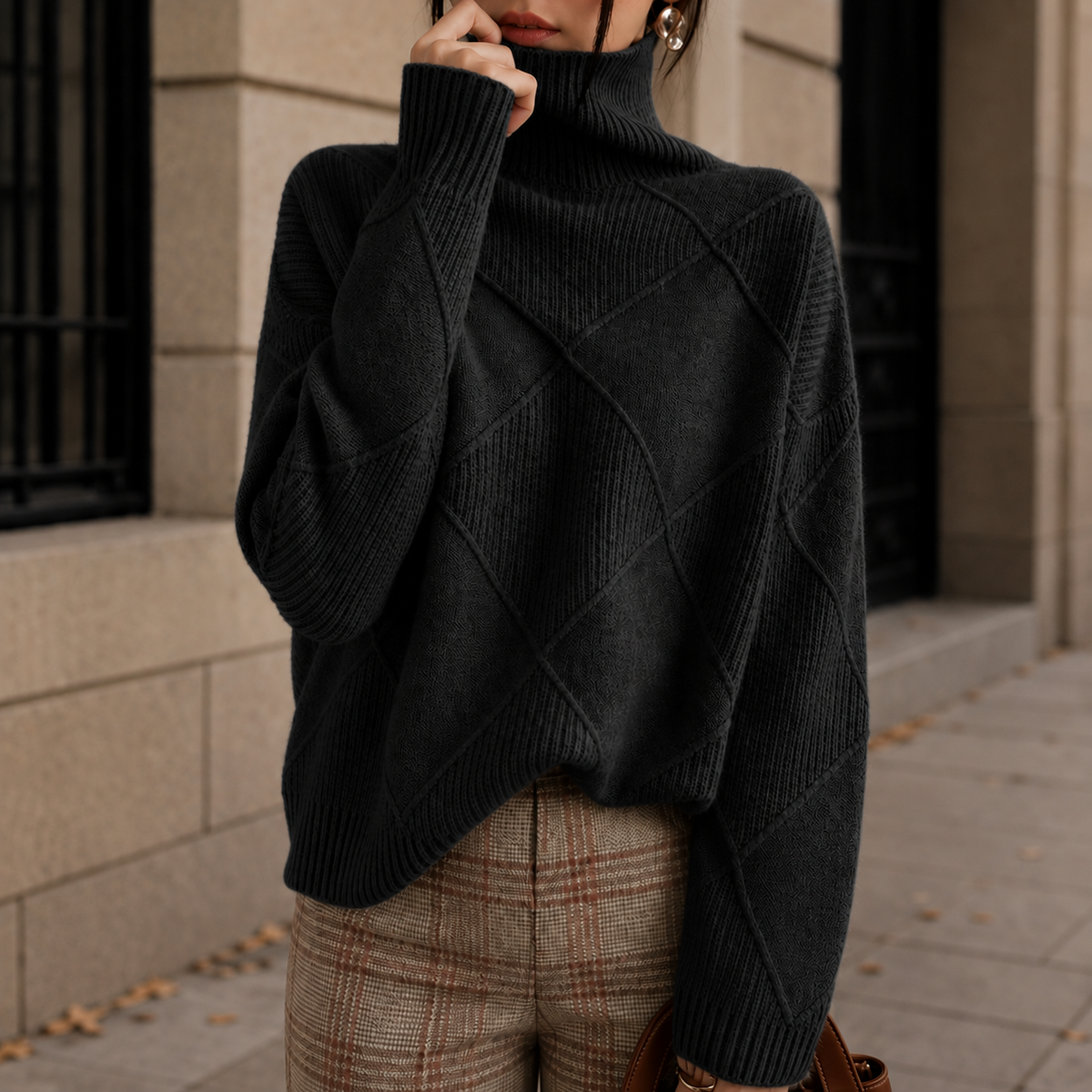 Pull à col roulé en maille losanges
