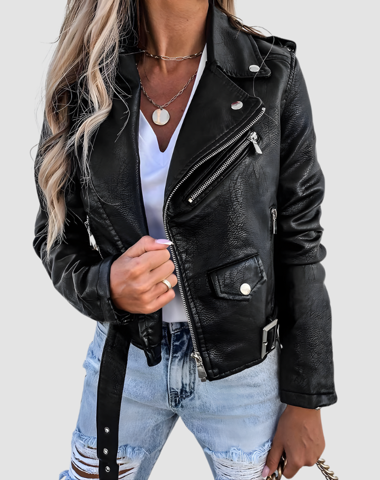 Veste de motard ceinturée à revers crantés — Amielle Paris