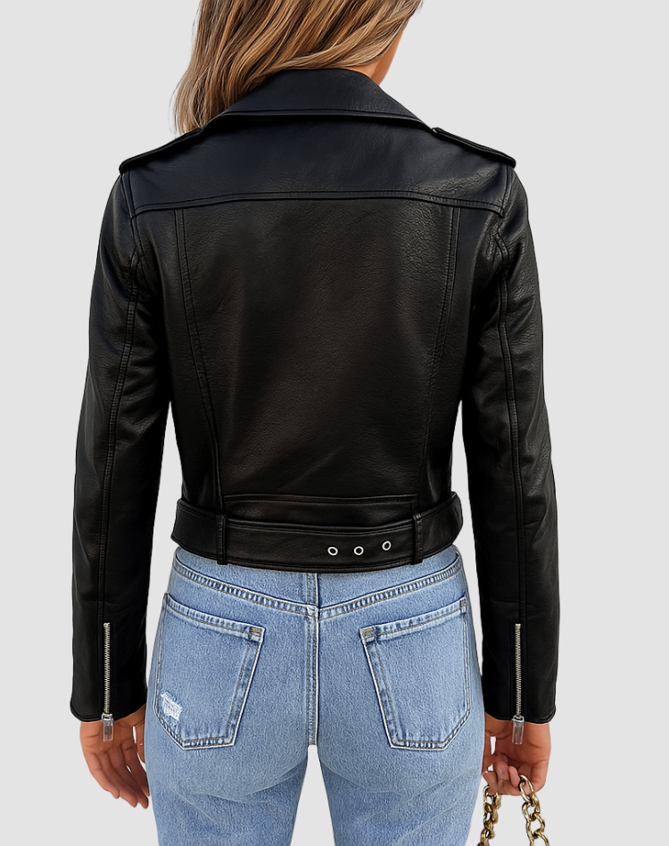 Veste de motard ceinturée à revers crantés — Amielle Paris