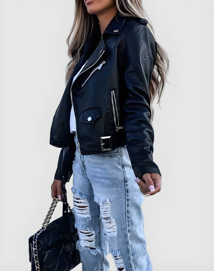 Veste de motard ceinturée à revers crantés — Amielle Paris