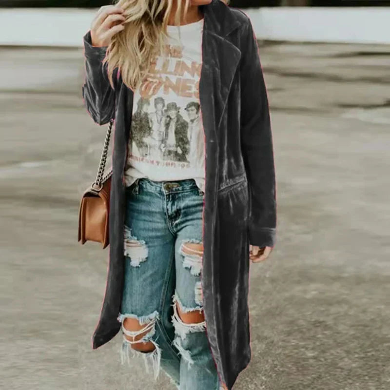 Ingrid — Manteau long ouvert en velours — Amielle Paris