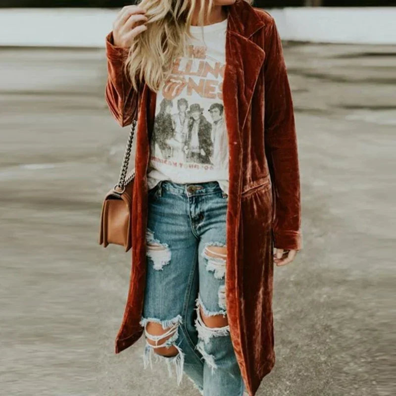 Ingrid — Manteau long ouvert en velours — Amielle Paris