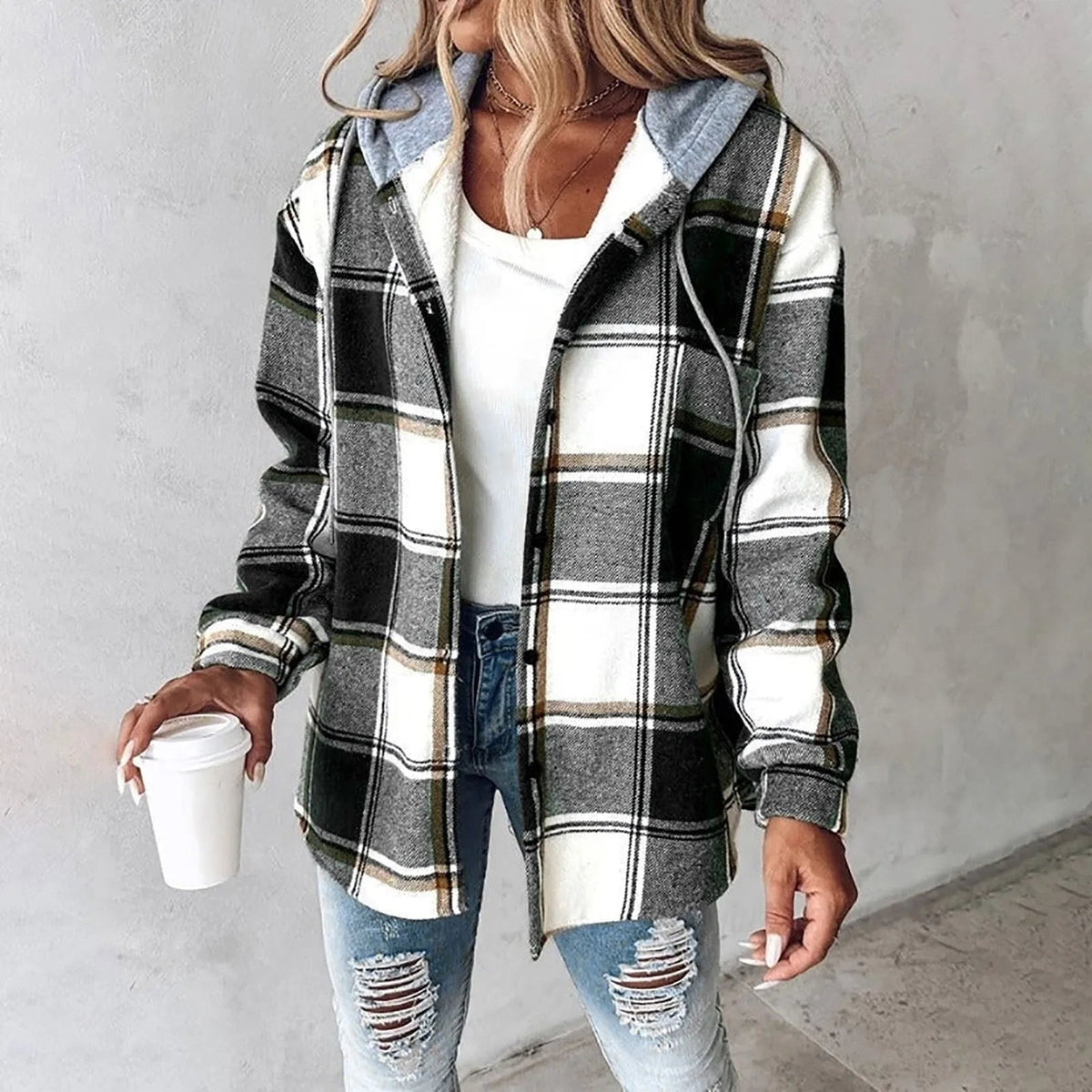 Riley — Veste à carreaux boutonnée à capuche — Amielle Paris