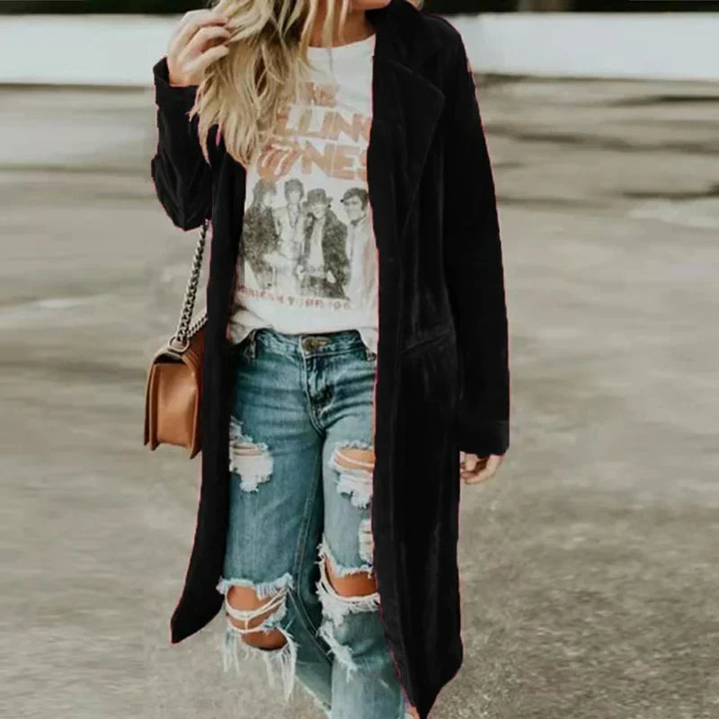 Ingrid — Manteau long ouvert en velours — Amielle Paris