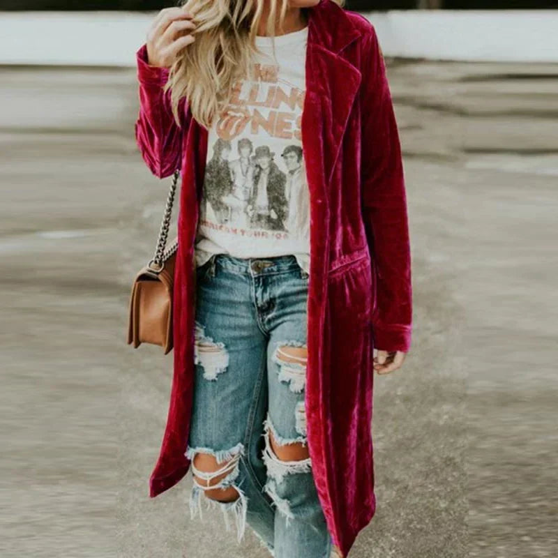 Ingrid — Manteau long ouvert en velours — Amielle Paris