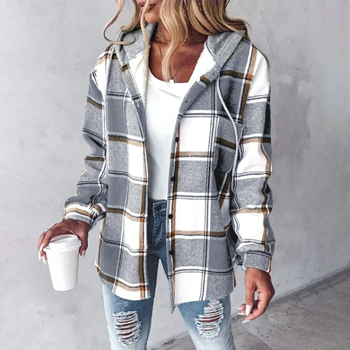 Riley — Veste à carreaux boutonnée à capuche — Amielle Paris