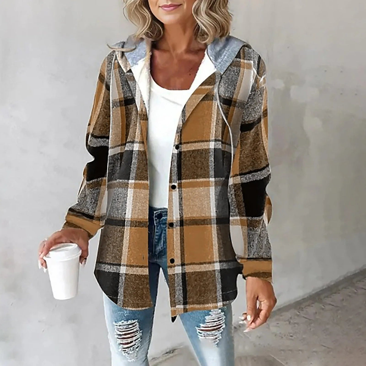 Riley — Veste à carreaux boutonnée à capuche — Amielle Paris