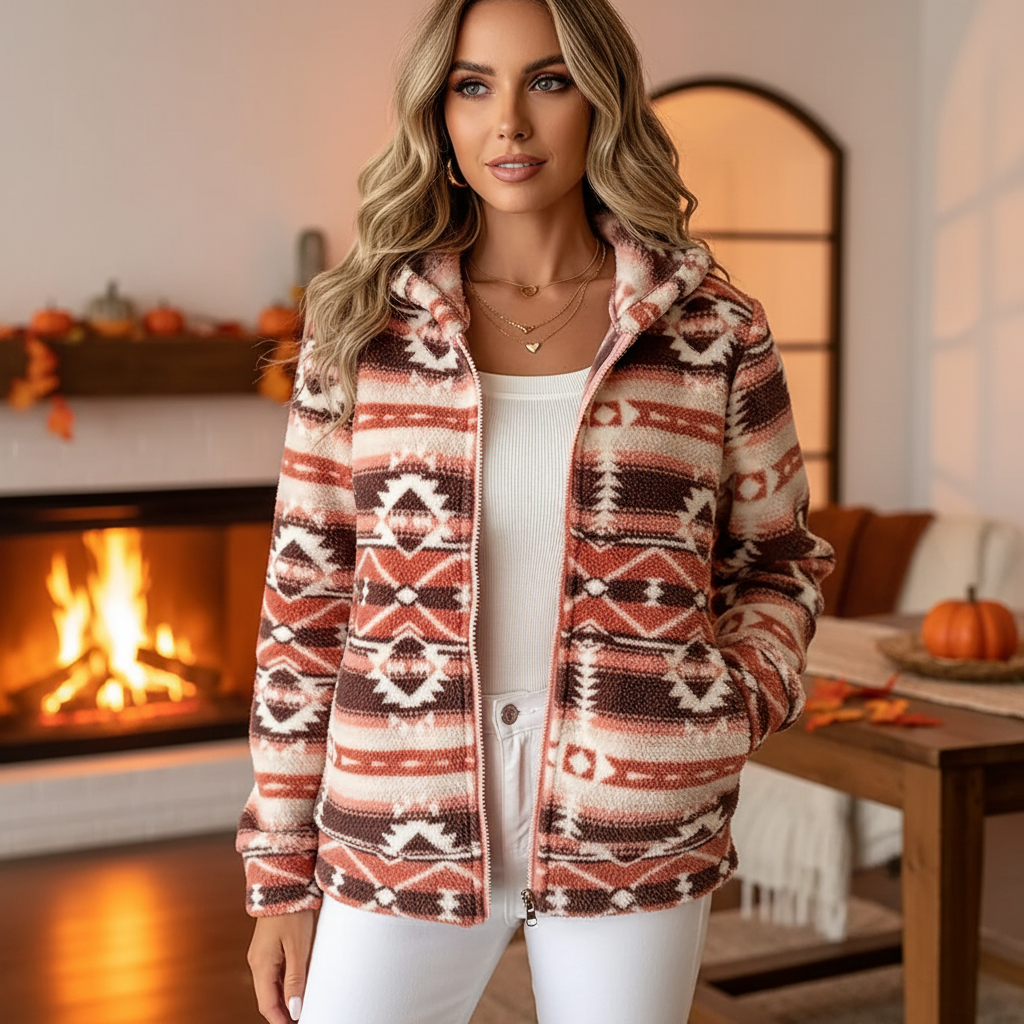 Nadia — Gilet boutonné à motifs géométriques — Amielle Paris