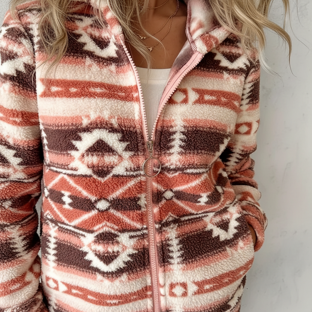 Nadia — Gilet boutonné à motifs géométriques — Amielle Paris