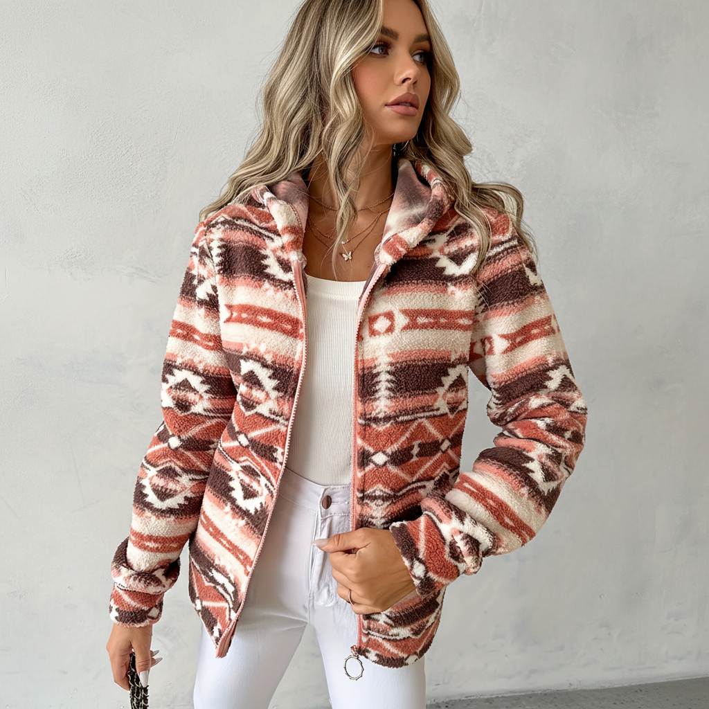 Nadia — Gilet boutonné à motifs géométriques — Amielle Paris