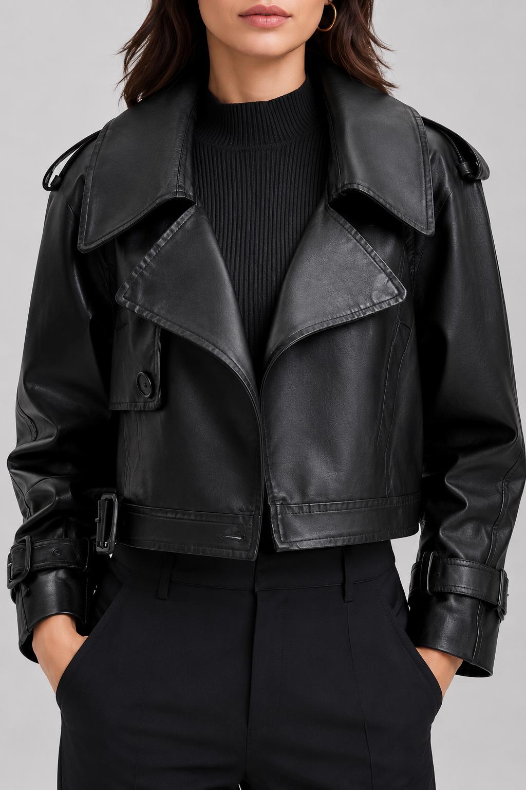 Gaila — Veste courte effet cuir à larges revers — Amielle Paris