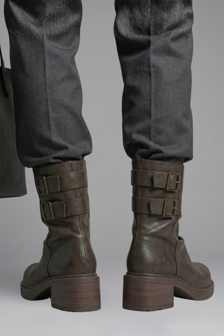 Bottines de motard à boucles et talon épais — Amielle Paris