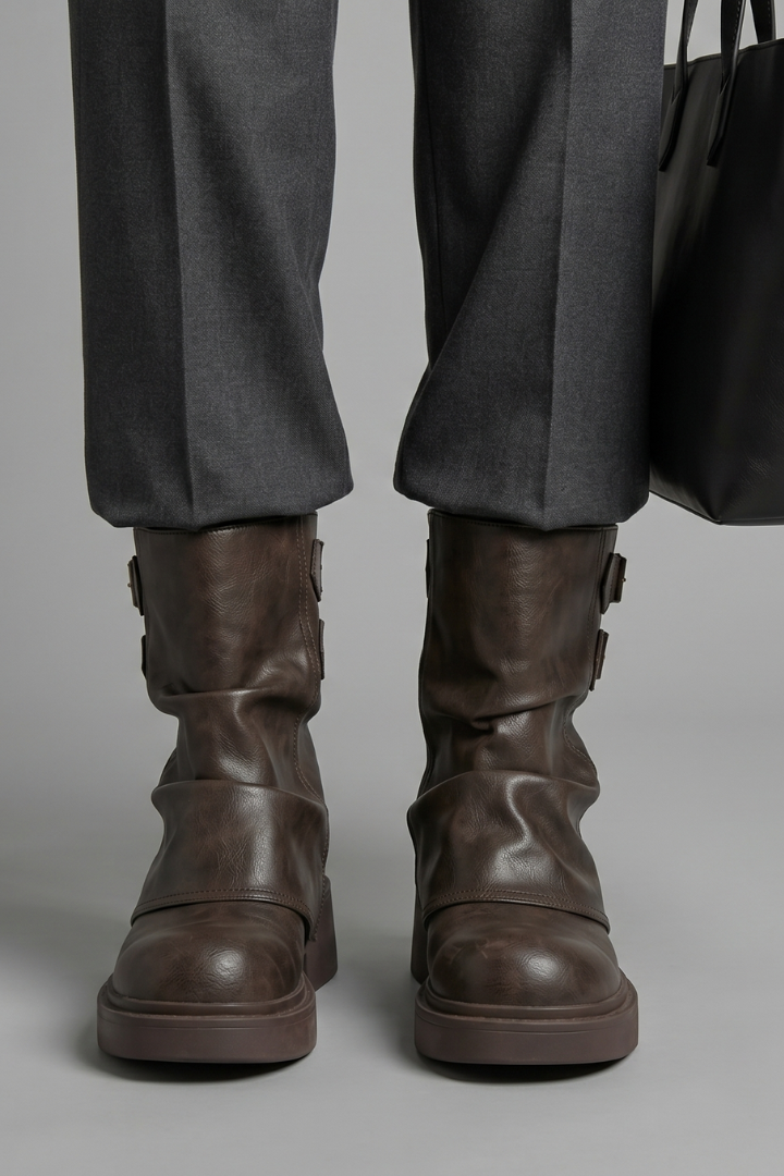 Bottines de motard à boucles et talon épais — Amielle Paris
