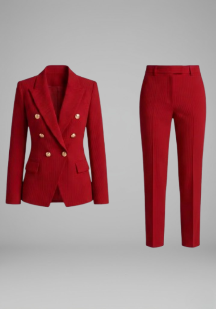 Tailleur pantalon à veste croisée et boutons dorés — Amielle Paris