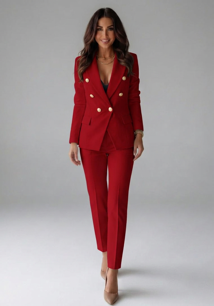 Tailleur pantalon à veste croisée et boutons dorés — Amielle Paris