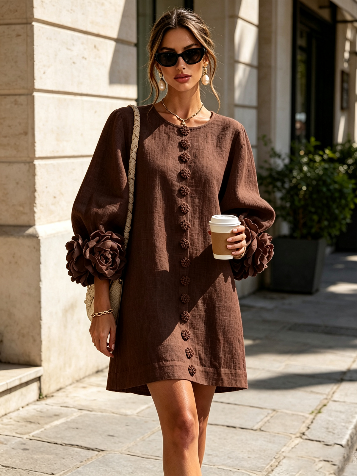 Victoria — Robe chocolat, poignets fleuris — vue 4