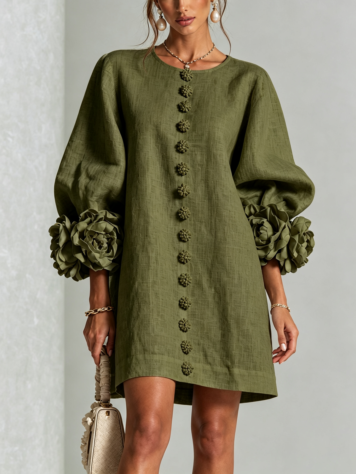 Arielle — Robe olive à poignets fleuris — vue principale