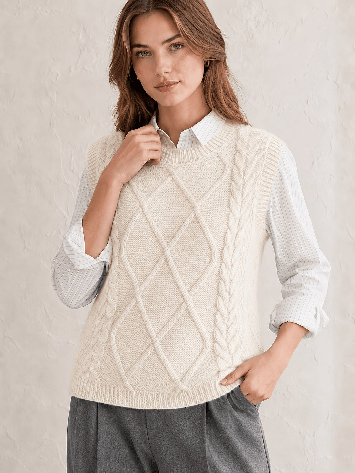 Pull sans manches à torsades en losanges — Amielle Paris