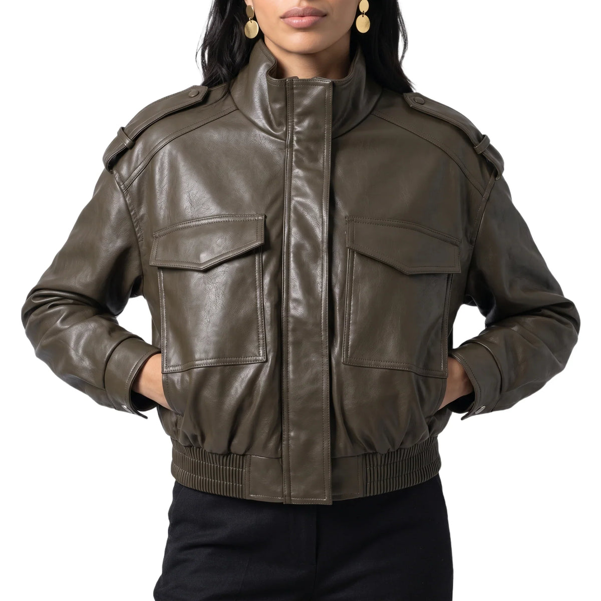 Blouson court en imitation cuir à poignets côtelés — Amielle Paris