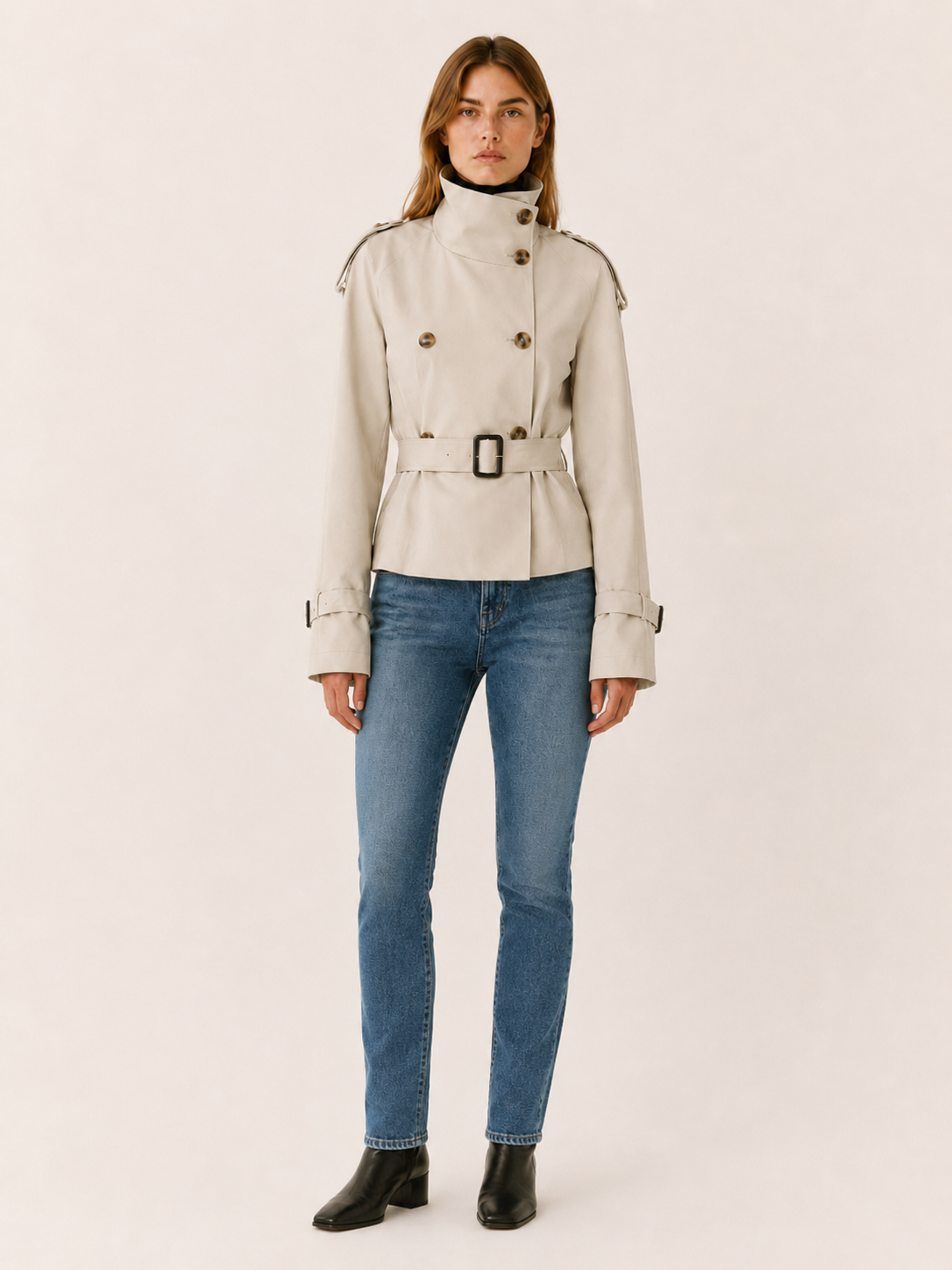 Trench court croisé à col haut et ceinture — Amielle Paris