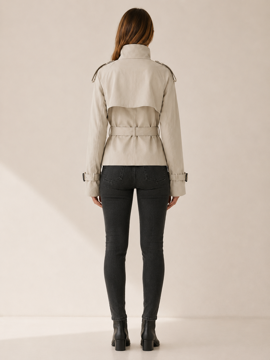 Trench court croisé à col haut et ceinture — Amielle Paris