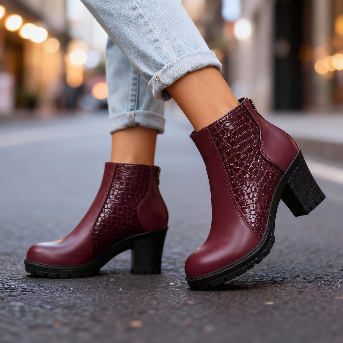 Bottines effet croco à talon bloc