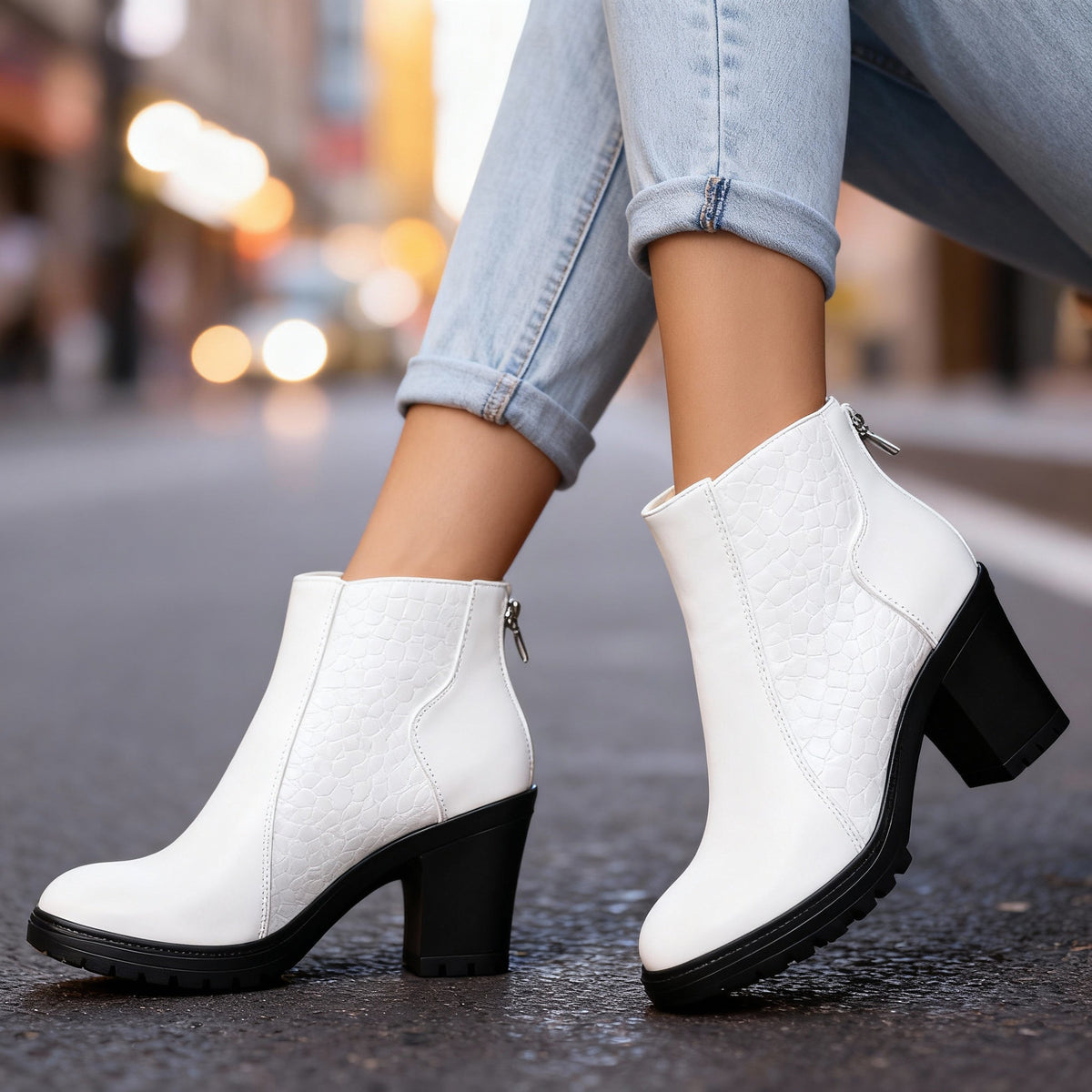 Bottines effet croco à talon bloc