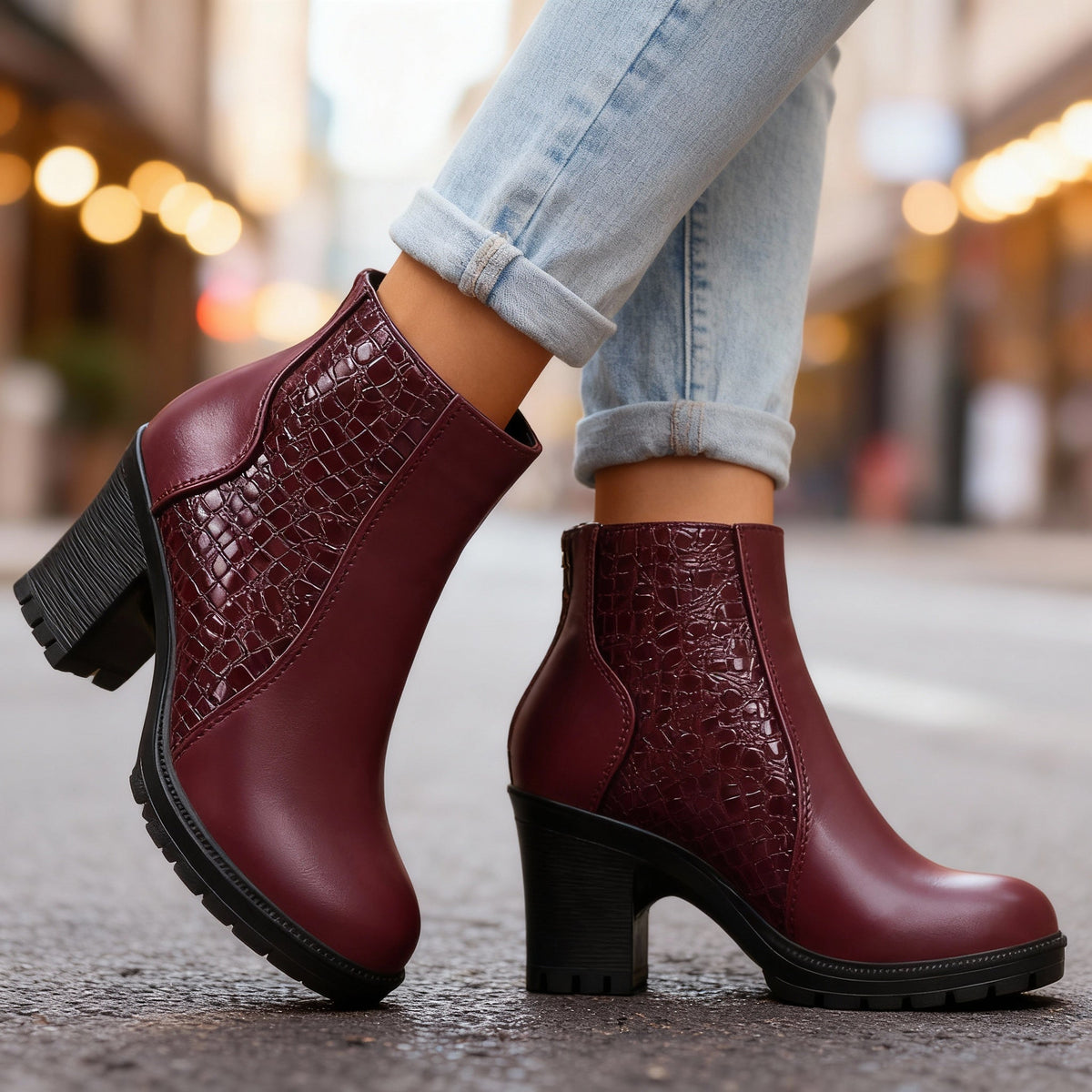 Bottines effet croco à talon bloc