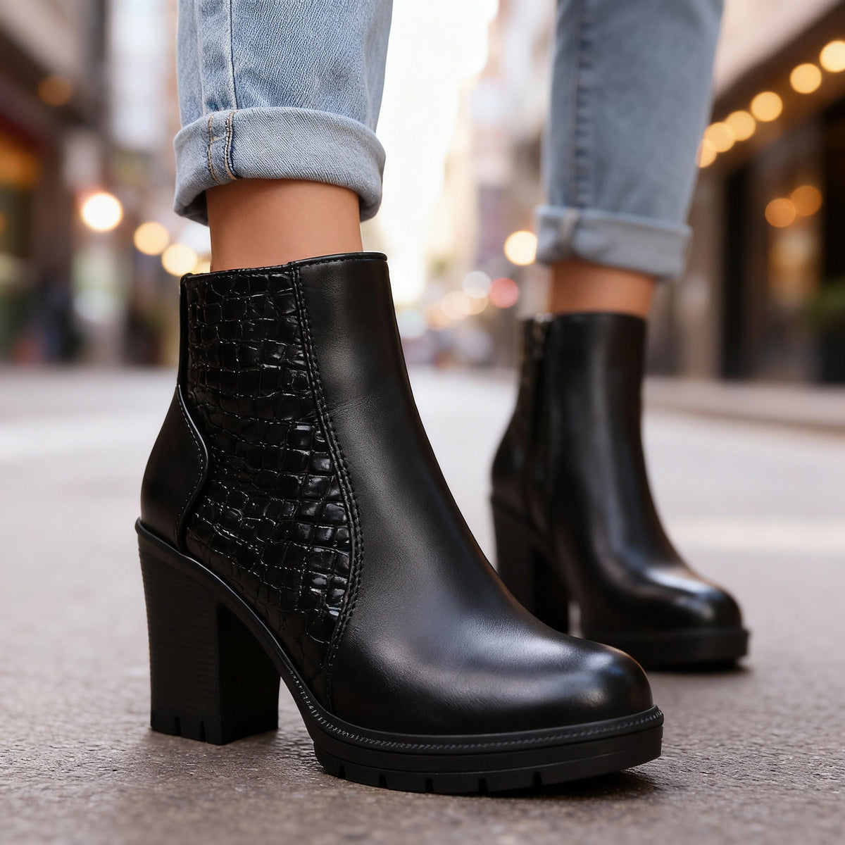 Bottines effet croco à talon bloc