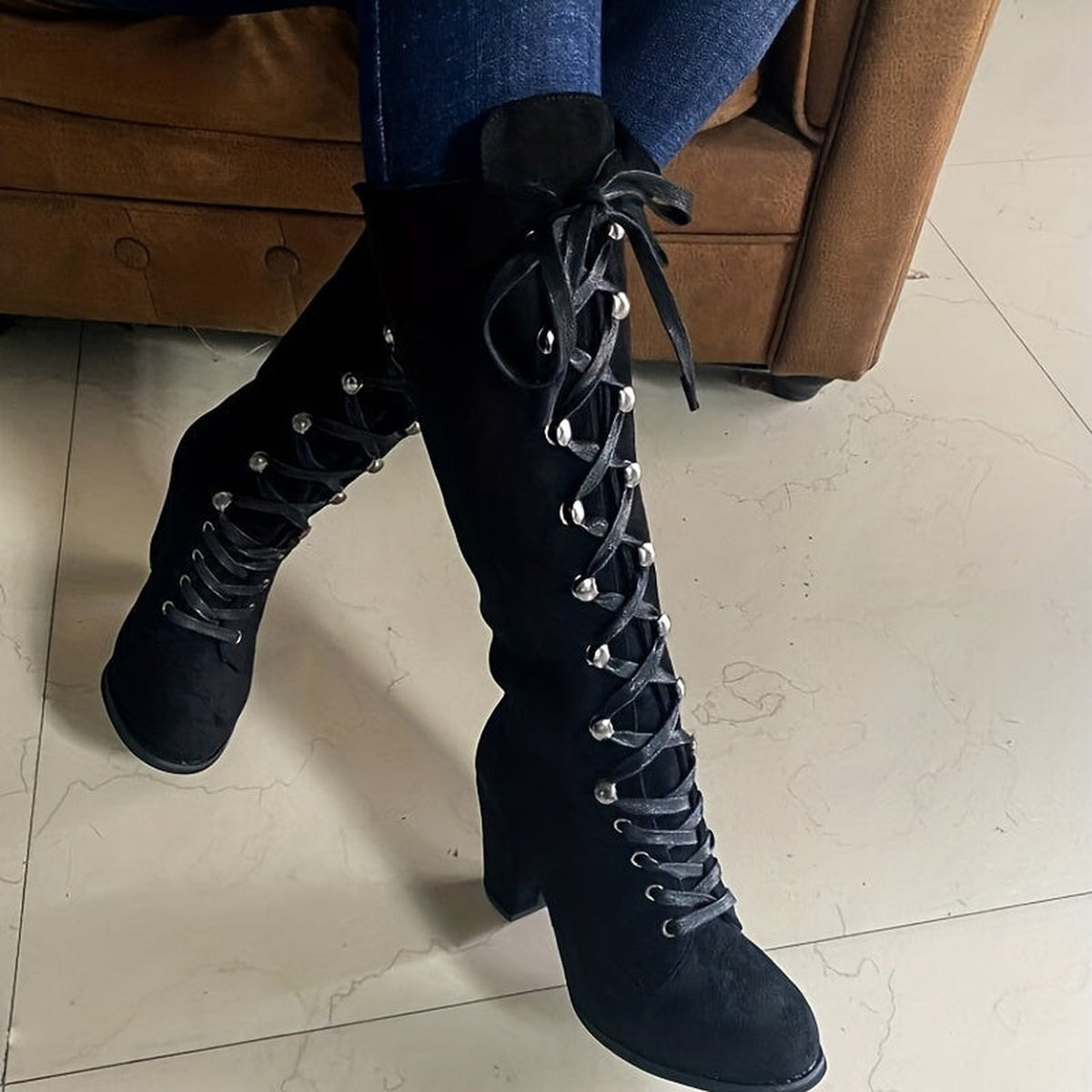 Bottes hautes à lacets et talon bloc