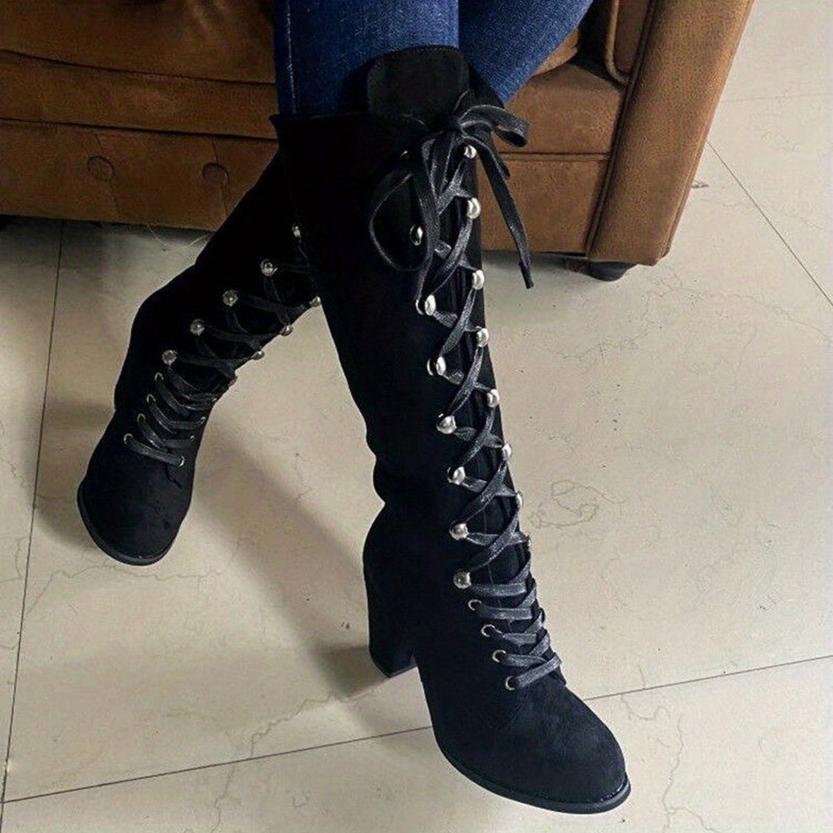 Bottes hautes à lacets et talon bloc