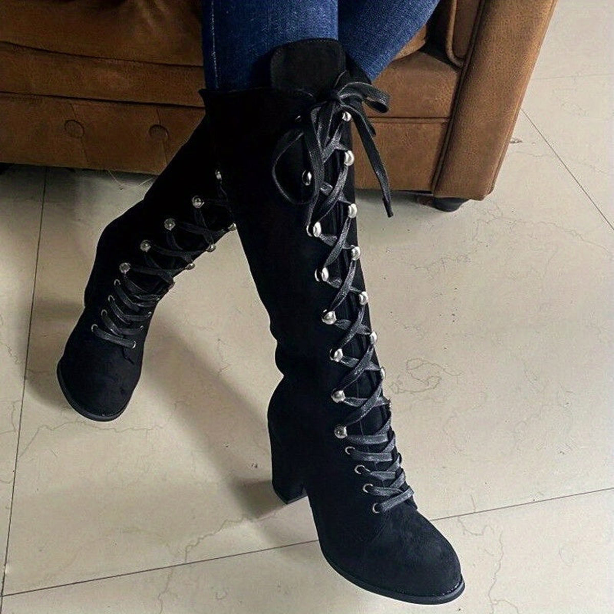 Bottes hautes à lacets et talon bloc