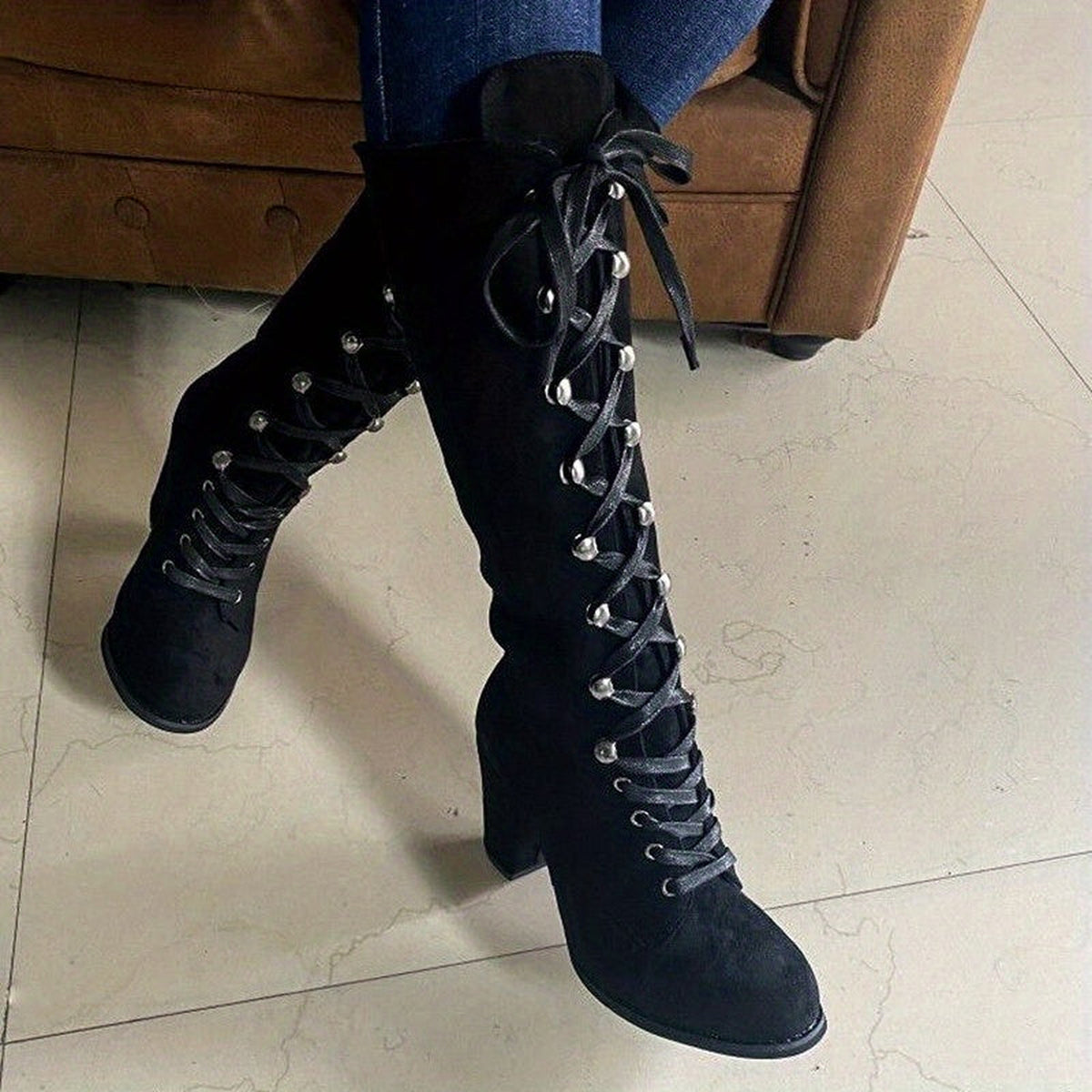 Bottes hautes à lacets et talon bloc