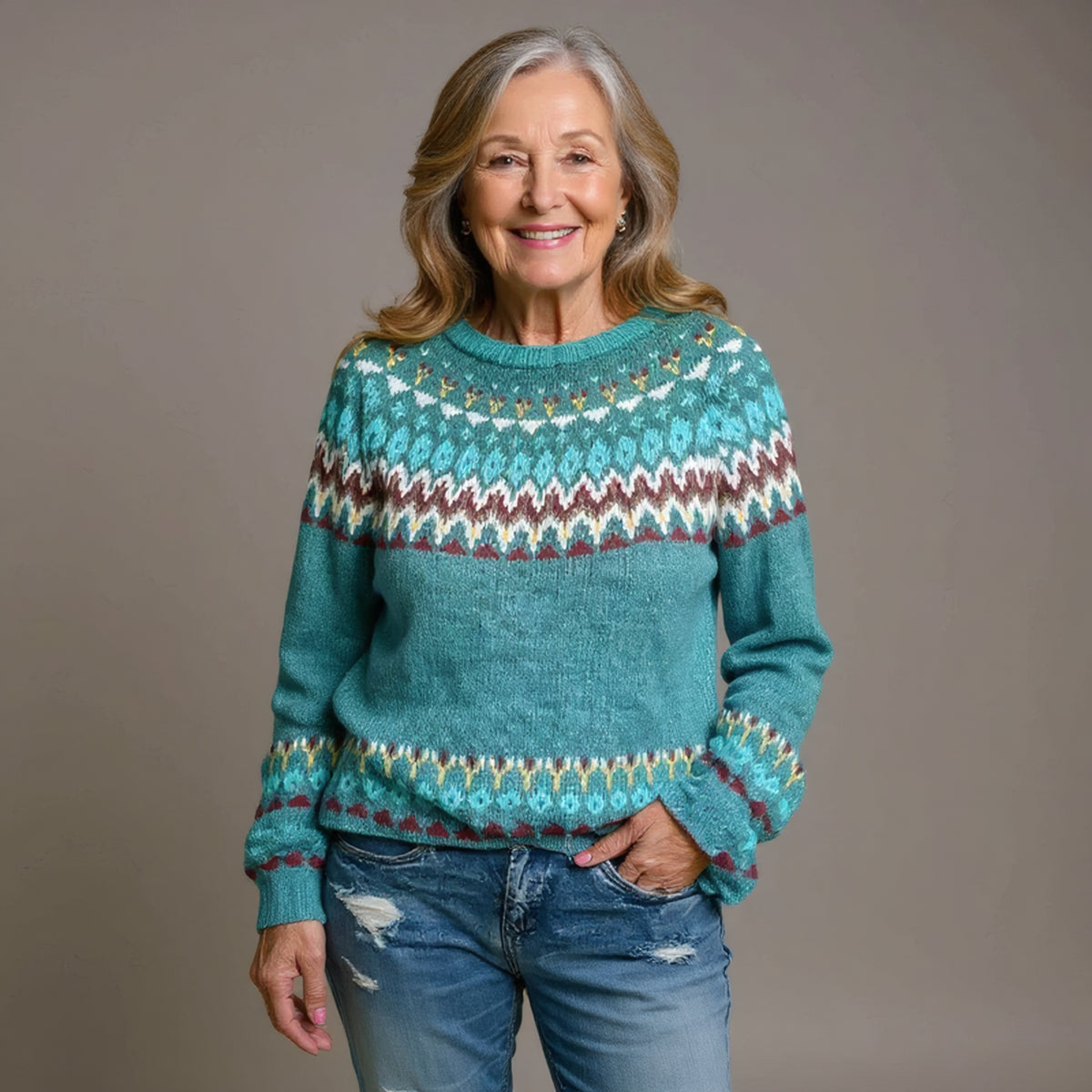 Pull bleu canard à motifs nordiques