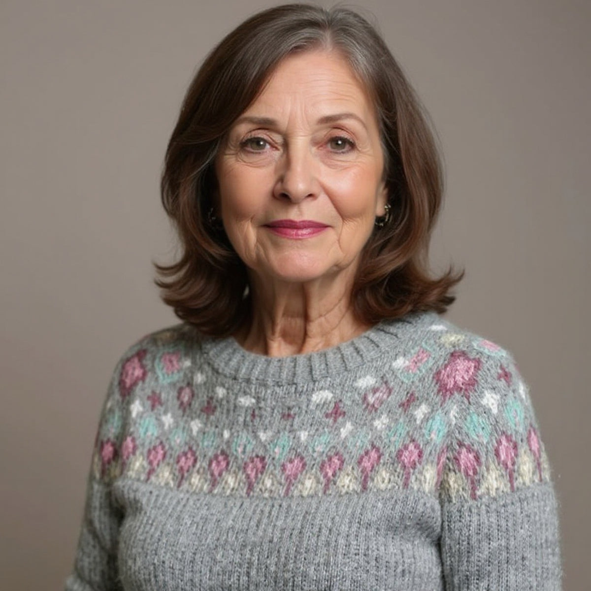 Pull gris à motifs rose et vert