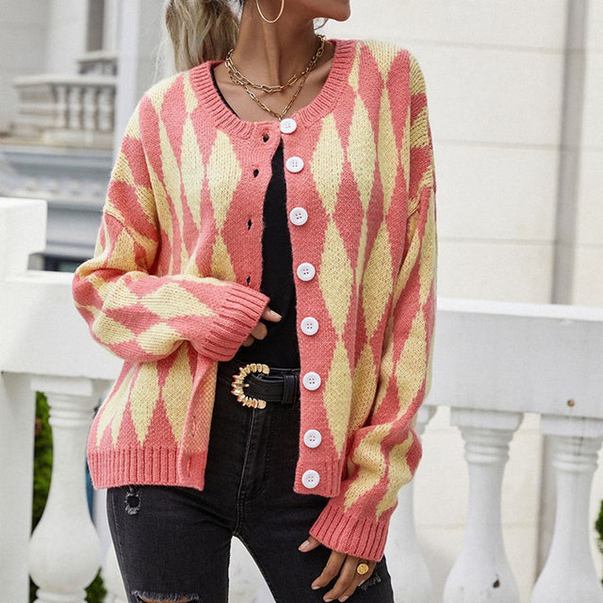 Cardigan boutonné à motif losanges