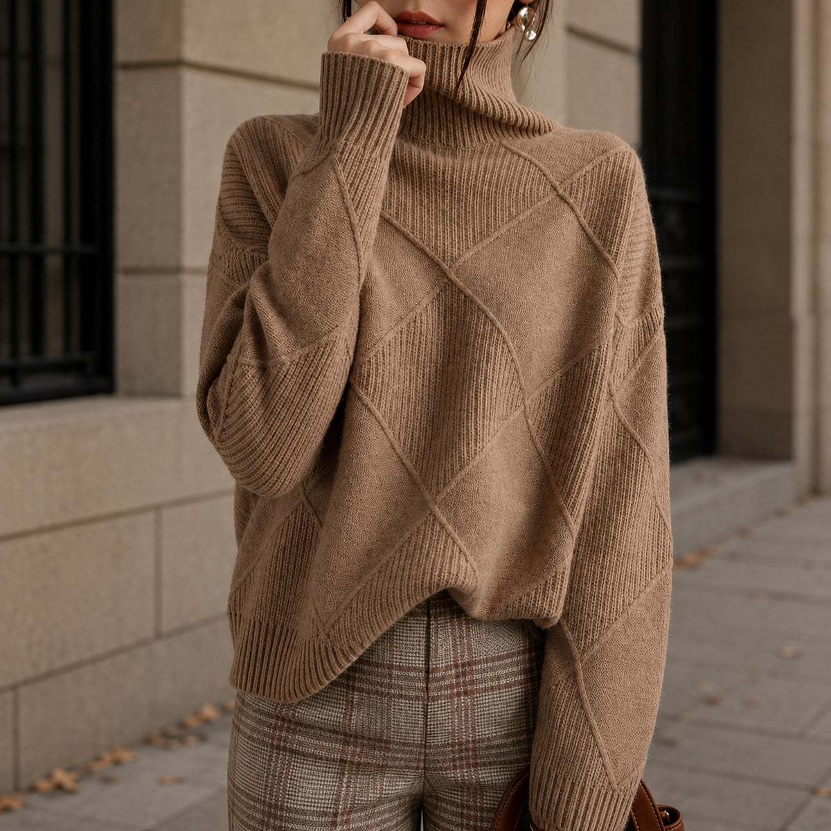 Pull à col roulé en maille losanges