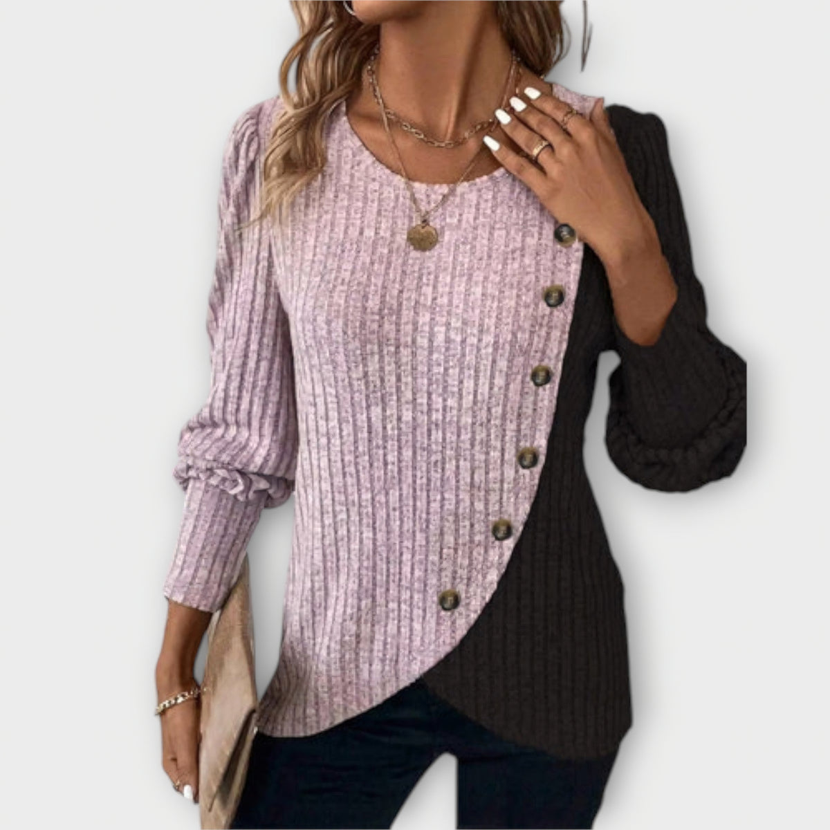 Nostalgia | Pull noir et lilas color block