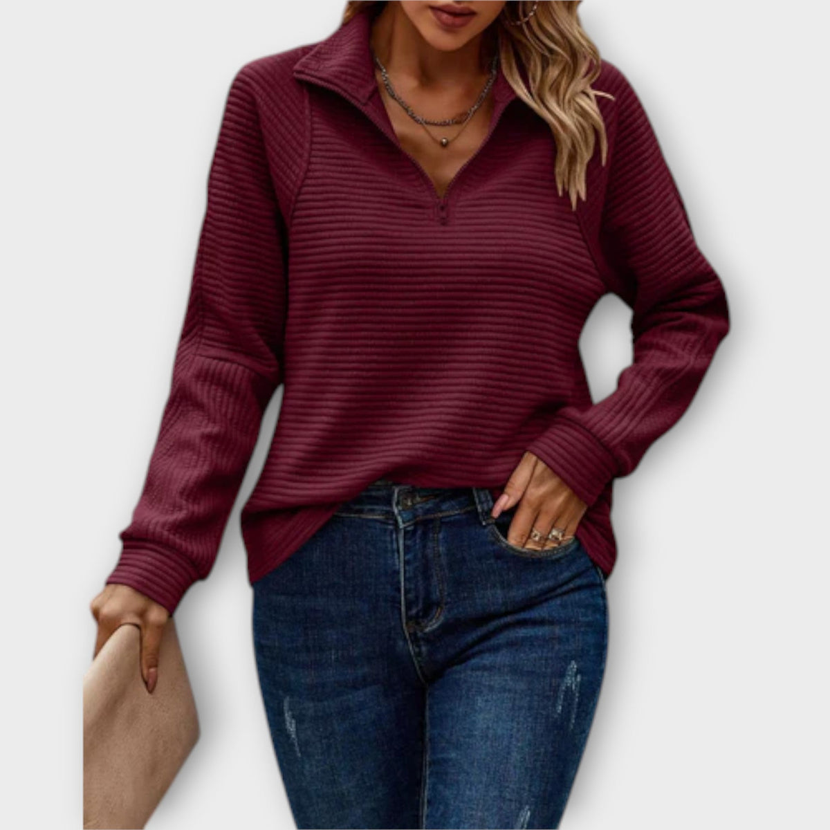 Vilja | Pull côtelé rose à demi-zip