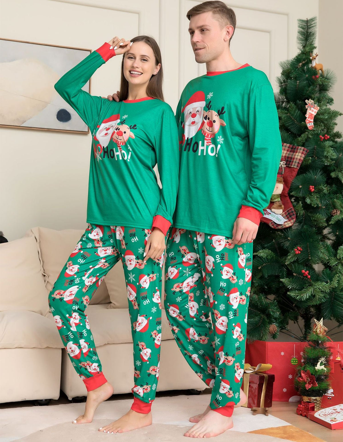 Pyjama de Noël vert à Père Noël et rennes — Amielle Paris