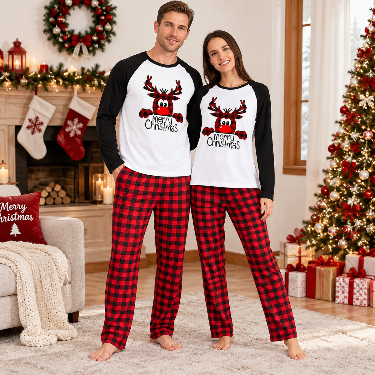 Pyjama de Noël à renne et pantalon à carreaux — Amielle Paris