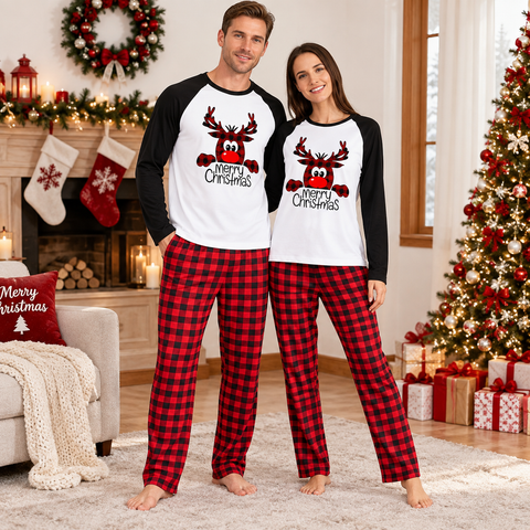 Pyjama de Noël à renne et pantalon à carreaux