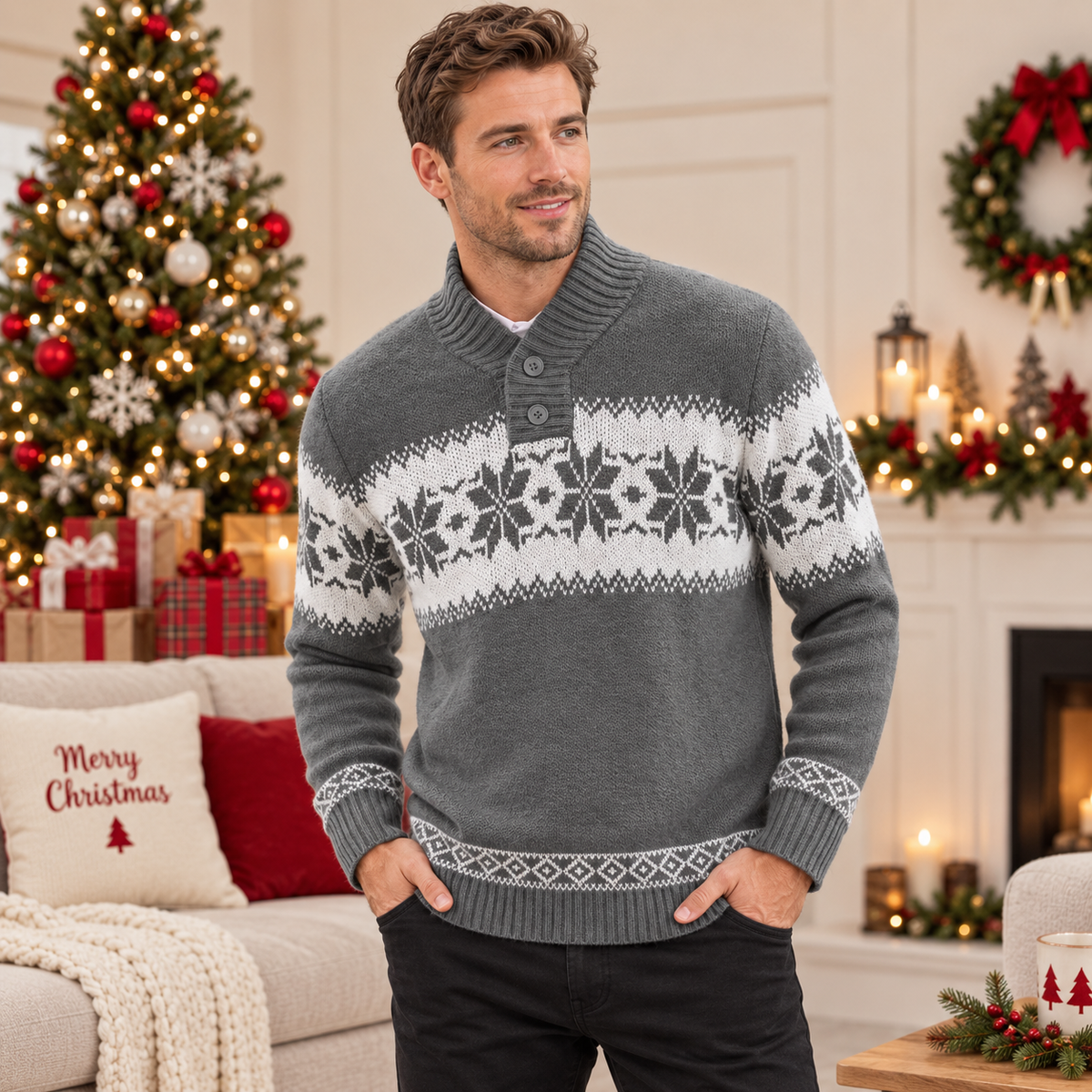 Pull de Noël homme à flocons et col boutonné — Amielle Paris