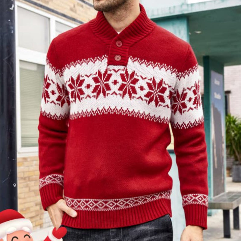 Pull de Noël homme à flocons et col boutonné — Amielle Paris